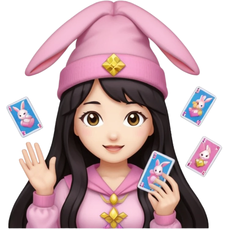 pixel art chibi asian girl with dark long hair in pink bunny ears hat magical girl with kawaii tarot cards thrown in air pixel emoji emoji