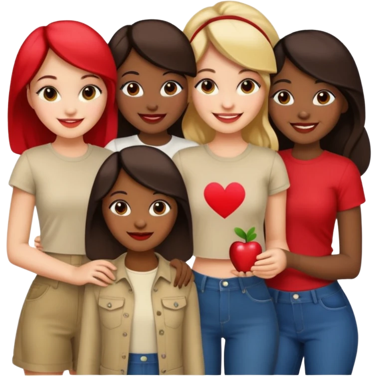 a group of girls, smiling, Pinterest-inspired fashion, close together, all look like they love Pinterest, apple emoji style emoji