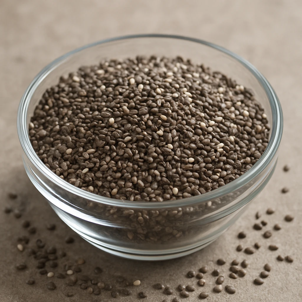chia seeds, photorealistic, chia seeds in a transparent bowl emoji