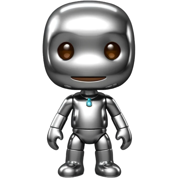 Turn this Sackboy character in the photo into 3D chrome metallic style, highly reflective and shiny, with realistic details emoji