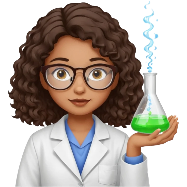 realistic bratz doll with long loose curly dark brown hair, glasses that are round cat eye vibes, in a lab coat mixing beakers that glow shes a 4th grade girl emoji