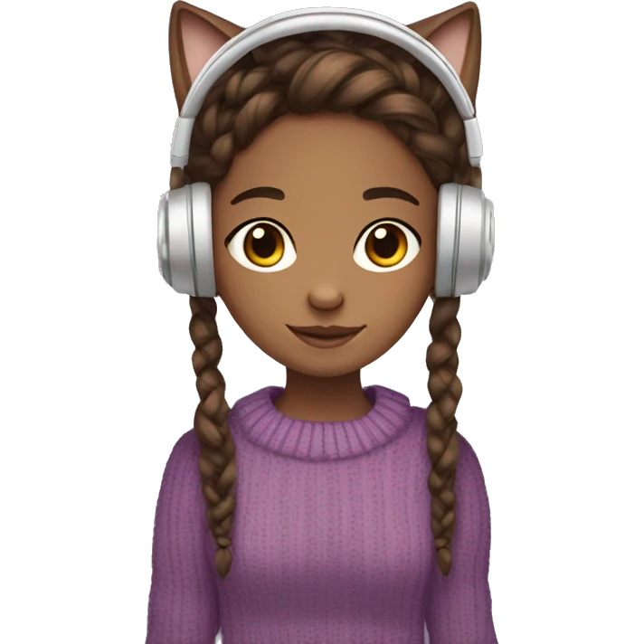 Brown hair girl, braids, brown eyes, violet sweater, headphones, clear glass, brown skin, and cat in hands emoji