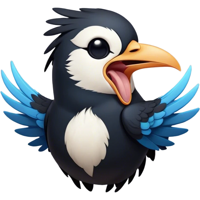 Cinematic Cute Yawning Magpie Portrait Emoji, Head tilted slightly with a dramatic, wide-open yawn, showcasing a sleek, contrasting feathered form with softly drooping wings and sleepy, half-closed eyes, Simplified yet irresistibly adorable features, highly detailed, glowing with a soft, cozy urban glow, high shine, relaxed yet expressive, stylized with a dash of whimsical charm, soft glowing outline, capturing the essence of a drowsy yet affectionate magpie that appears ready to stretch out for a nap! emoji