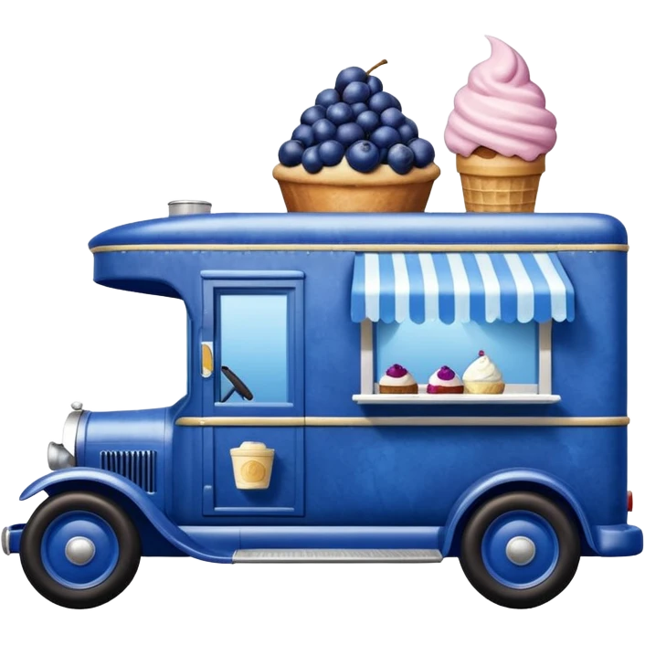shiny-dark-blue crystal-bodied frozen blueberry muffin, pie, and ice cream, 1912 antique long-wheelbase cab over durable-looking low rider moving truck food truck  emoji