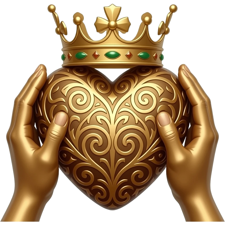 two bronze hands touch a bronze heart richly ornamented with arabesques with a richly decorated royal crown, dramatic lighting - backlight emoji