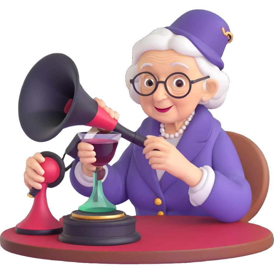 old lady with wineglass listening to gramophone emoji