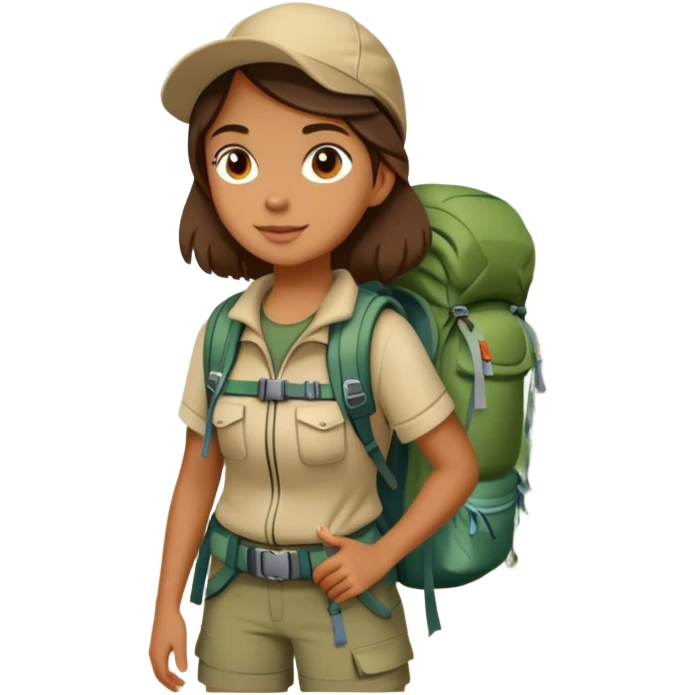 Girl with hiking backpack and camping gear in forest, Melissa Backwoods emoji