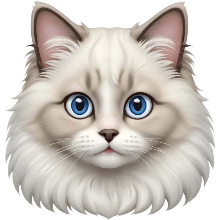 cinematic-adorable-big-eyed-fluffy-ragdoll-cat-portrait-emoji,-head-tilted-playfully-with-a-sweet-expression,-fluffy-white and grey-fur,-simplified-yet-irresistibly-cute-features-with-large,-expression, blue eyed ragdoll cat emoji