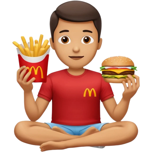 man in lotus pose eating McDonalds burger and fries emoji