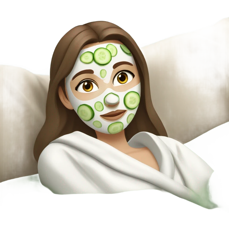 White girl with Brown hair and blue eyes wears a Green colored skincare clay textured mask and puts on cucumbers around her eyes while She relaxes in her white Robe emoji