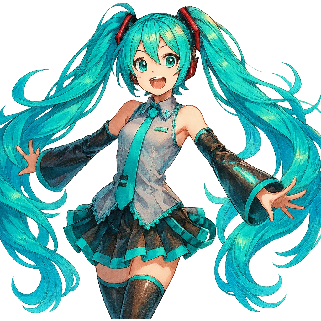 Hatsune Miku, teal twin tails, futuristic pop idol, vibrant, energetic emoji