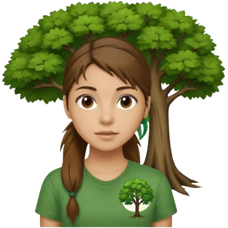 Make a zumba coach emoji, brown eyes, brown hair girl, green shirt withe "the roots" on it, longer pony tail hair, add the tree logo for the roots remove tree from background emoji
