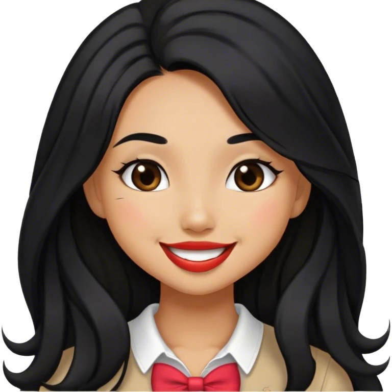 Tan girl with black long hair classy kisses smiles and cute outfit emoji