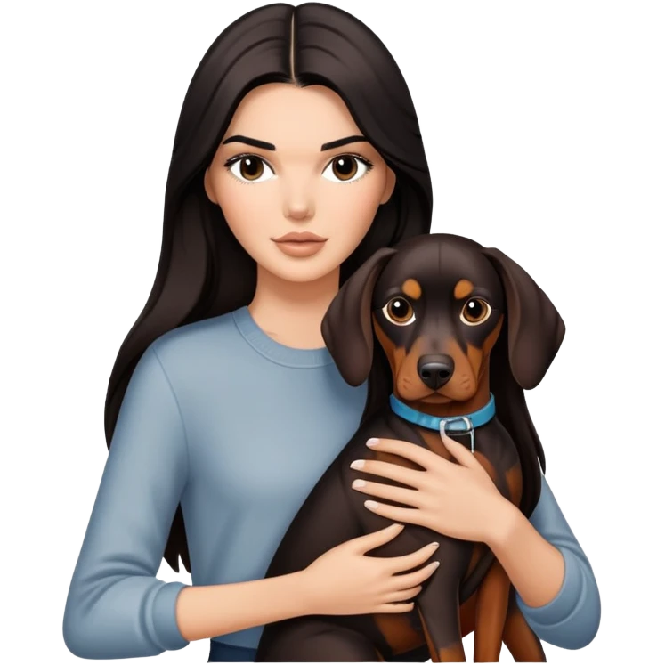 Kendall Jenner with long dark hair holds a Doberman Pinscher in her arms emoji