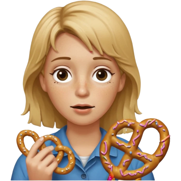 Short, center part, Dirty blond hair, fair skin with freckles,  holding pretzels and closing one eye emoji