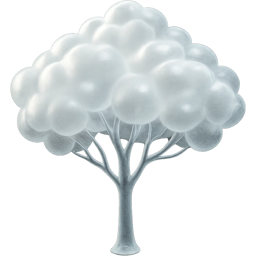 one tree with many branches and a white trunk, crown made of small very bright white fluffy convex clouds, matte glass style emoji