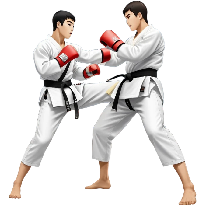Two taekwondo fighters in traditional white doboks with black belts. One delivers a powerful kick, while the other defends by blocking with his knee. The background shows a professional arena with bright lights and an excited crowd. Transparent background highlights the intense action emoji