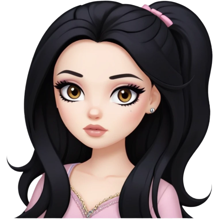  long black hair, pale skin, dark brown eyes, pretty bratz baddie, black eyeliner, blush emoji