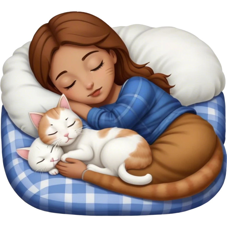 Light brown girl with brown hair sleeping with scottish white kitty with black nose emoji
