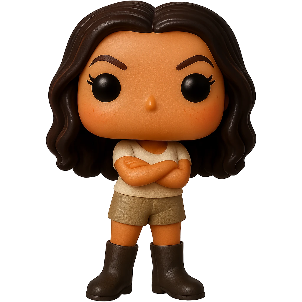 Enhance the image quality with smooth golden peach skin and a healthy glow, dark hair with auburn highlights, dark greige leather boots, textured clothing (cream top, greige bottom), arms crossed as in the reference image, coral peach cheekbones, subtle freckles, no neck visible, eyebrows with a mischievous and playful expression, no mouth, transparent background. Maintain the original style and composition. emoji