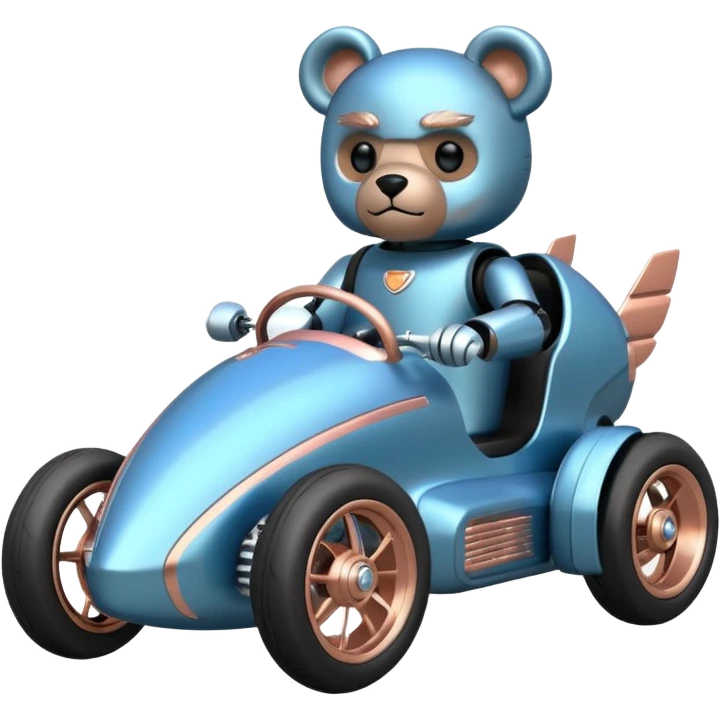  Metallic blue and rosegold-accented  kid-sized racing car for furry-faced grey bearded evil scary robot teddy bear and passenger with custom aero body and rear wing and motorcycle-sized wheels  emoji