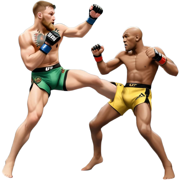 An MMA showdown between Conor McGregor and Anderson Silva in the octagon. McGregor is executing a powerful jumping strike, while Silva is expertly blocking the attack with his forearm. The background features the UFC octagon, fans in the distance, and dynamic action. Transparent background emoji