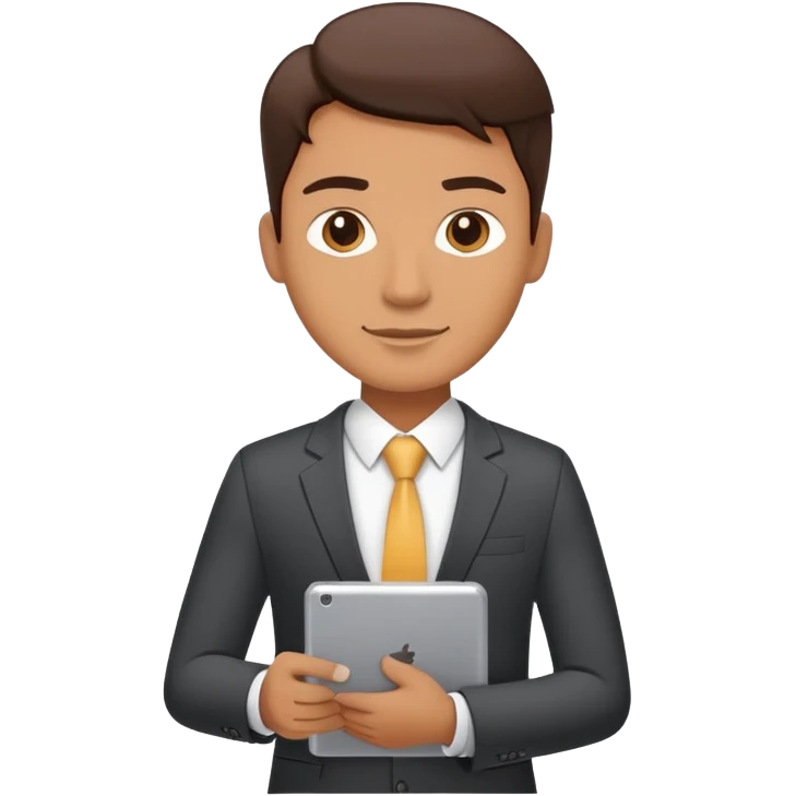 A flat-style illustration of a business executive confidently, holding a digital tablet or folder. The character wears smart business attire emoji