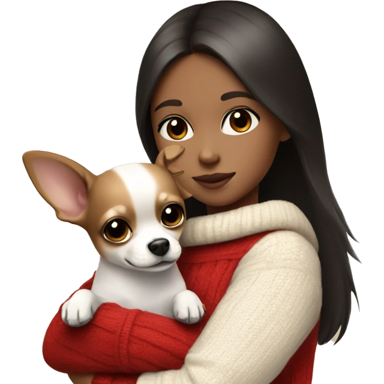 A girl with white skin color with black eyes and brown hair in red sweater hugs white Chihuahua emoji