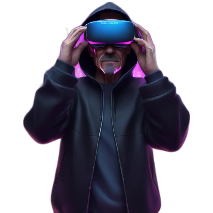 Walter White wearing a black hoodie with "OMG" letters on it and VR headset in a cyberpunk VR environment with violet neon lighting. emoji