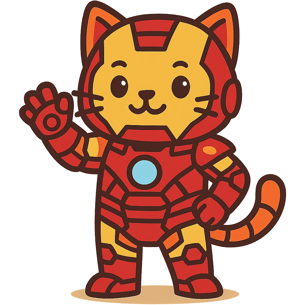 a cute cat in an Iron Man suit, cartoon style, bright red and gold armor emoji