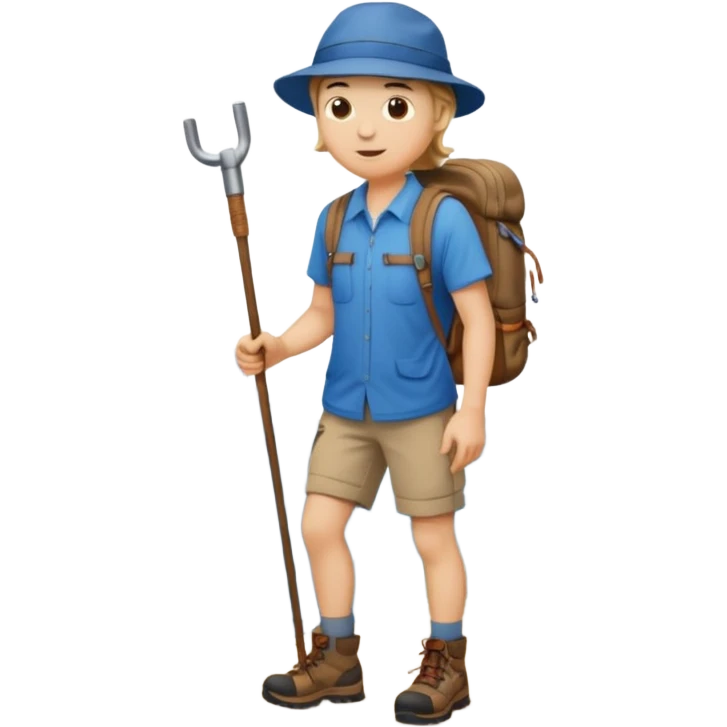 a full-body hiker with a hat blue shirt and hiking stick.hiking a mountain emoji