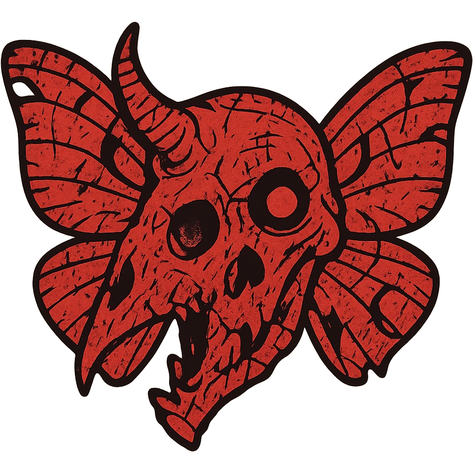 highly detailed but heavily weathered red horror icon of distorted minotaur-stoat skull fusion with broken horn and glowing eye, intricate moth wings, severely damaged with extensive scratches, torn sections, and partial deterioration, twisted and asymmetrical features, detailed bone texture where visible, some transparent areas but much more line detail, nightmarish and ancient appearance, 100% red emoji