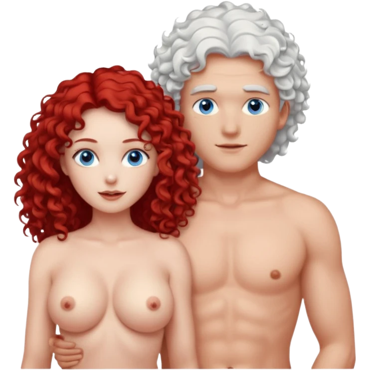 Homme nu cheveux blanc courts yeux bleu + femme nue gros seins rousse cheveux longs bouclés yeux bleu emoji
