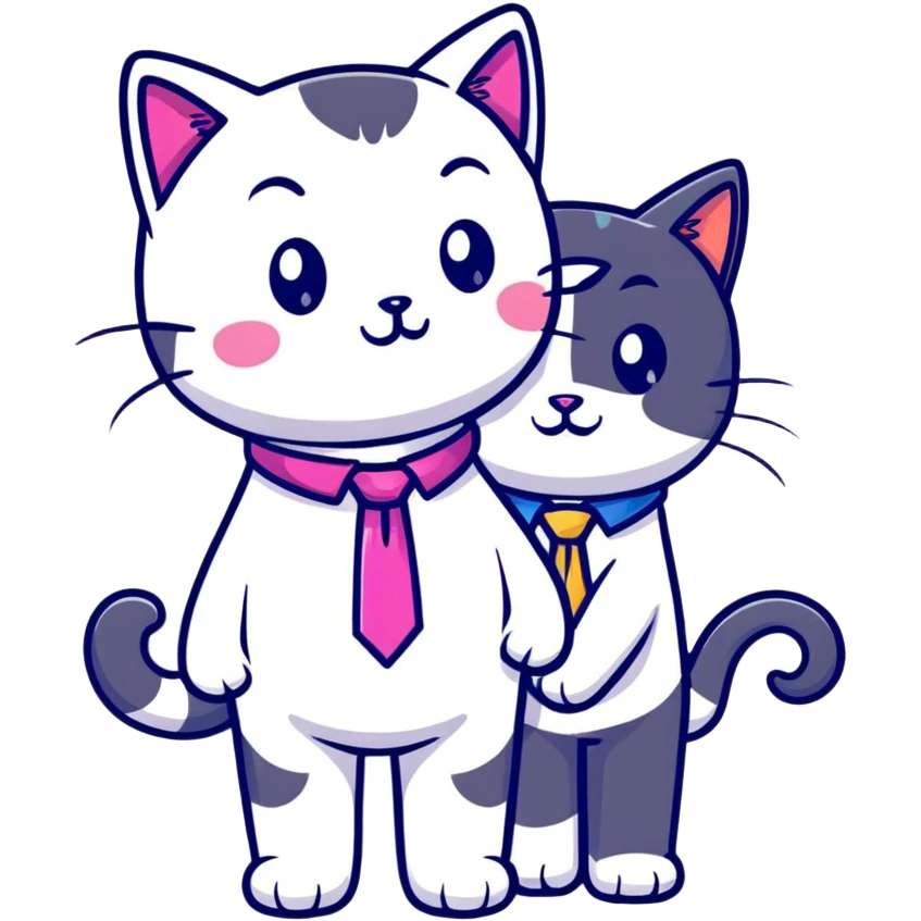 happy girl cat with eyelashes wearing a colorful necktie and happy boy cat wearing a professional necktie standing together and holding paws, both with loving expressions emoji