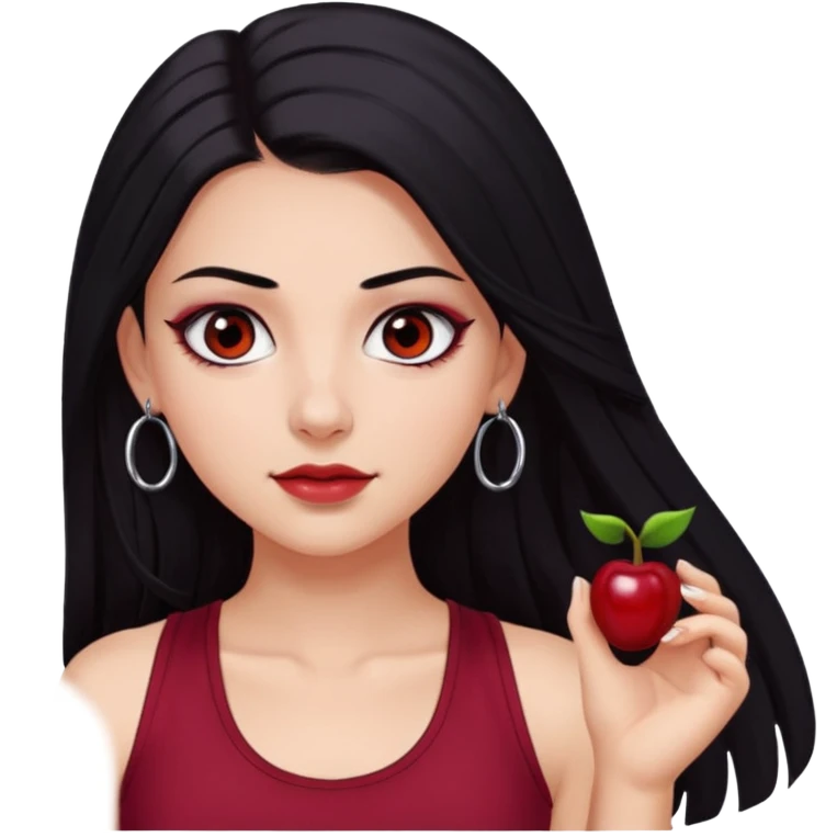 a pretty bratz fair girl with long black hair, kajal under eyes, small silver hoop. Dark cherry red tank top on. Black eyes emoji
