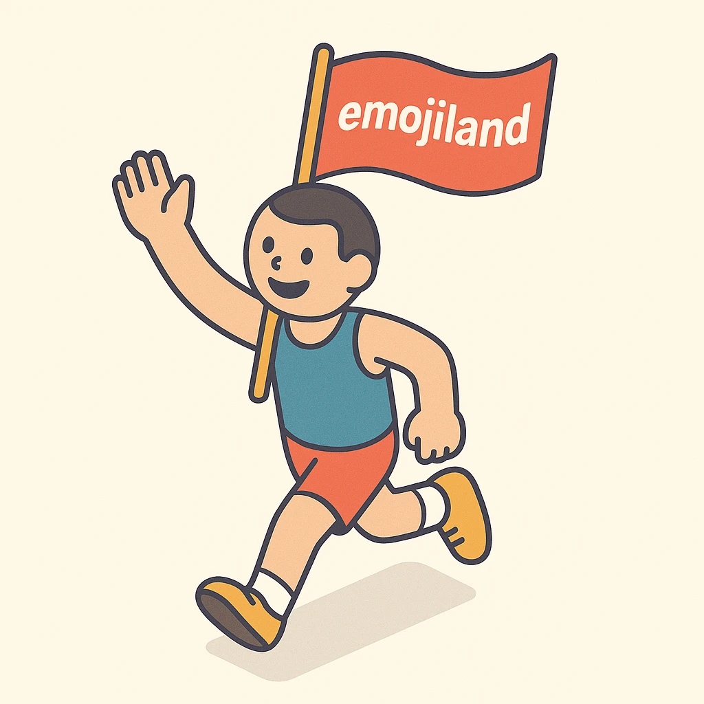 happy runner waving a flag that says 'emojiland' emoji