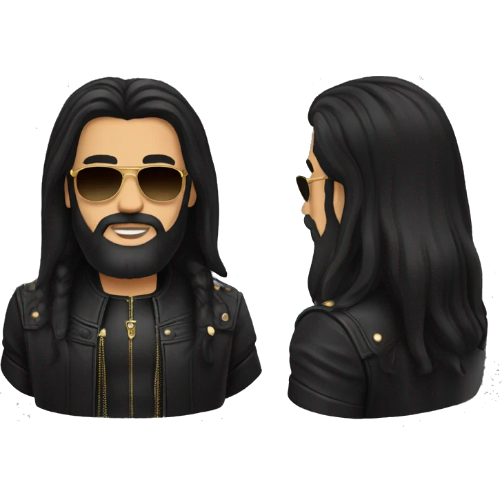 A man with long black hair, sunglasses, beard and leather outfit. He has two golden rings on his fingers emoji
