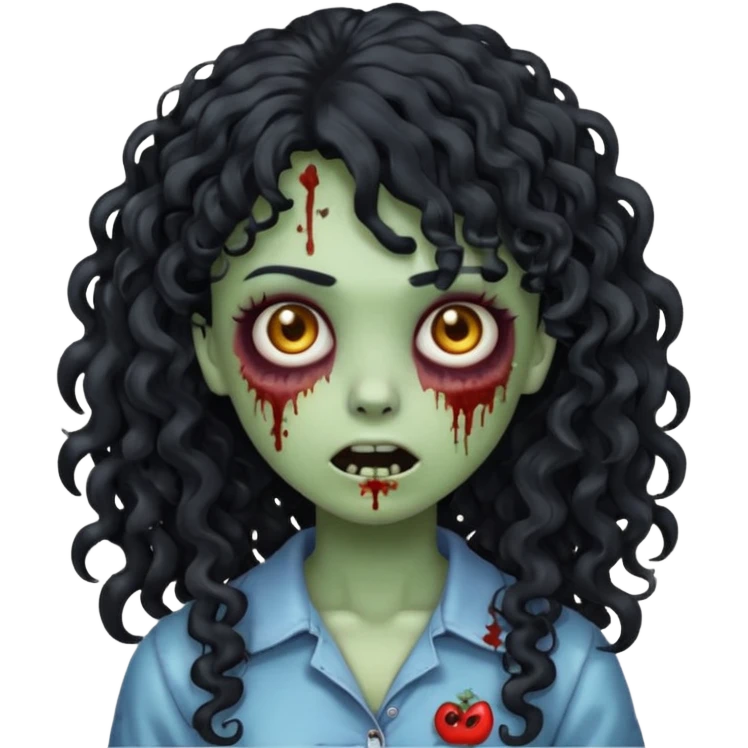 Emoji garota zombie com cabelo preto cacheado longo com franja cacheada sem volume emoji