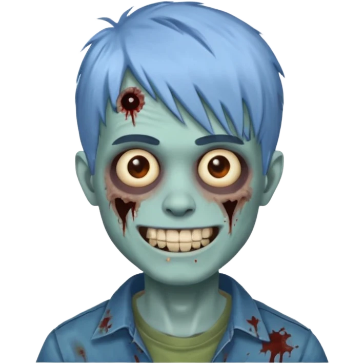 я мужчина, цвет волос пепельно синий, стрижка как у футболиста Yamal сделай меня в стиле зомби и ещё сделай с Улыбкой крутой и поменяй стрижку больше объемной зделай, и чёлку не на бок а прямо и зделай больше урагана на волосах стрижка не такая emoji