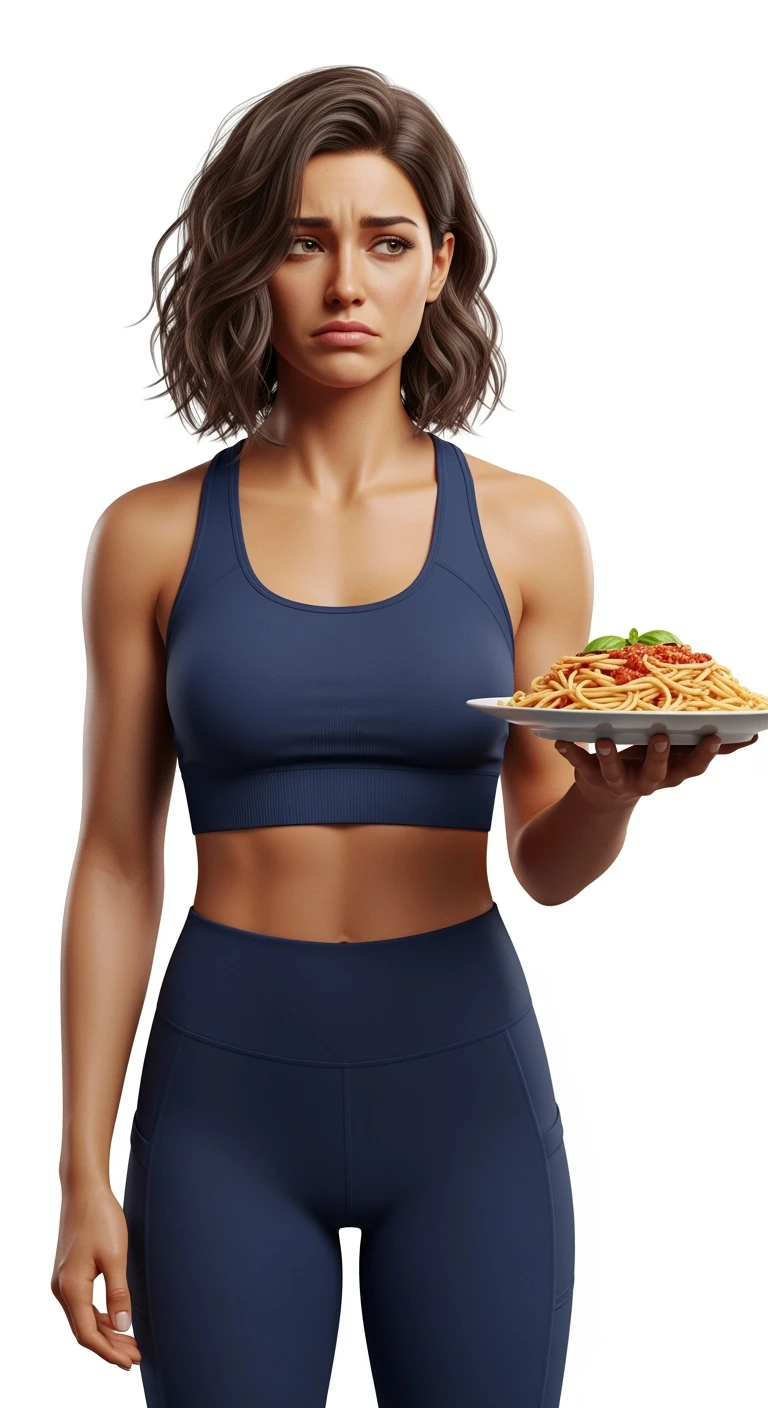 DONNA FITNESS ITALIANA CON PIATTO DI PASTA IN MANO ED ESPRESSIONE DISPIACIUTA IN VOLTO, REALISTICA 4K, ISOLATA SU SFONDO BIANCO emoji