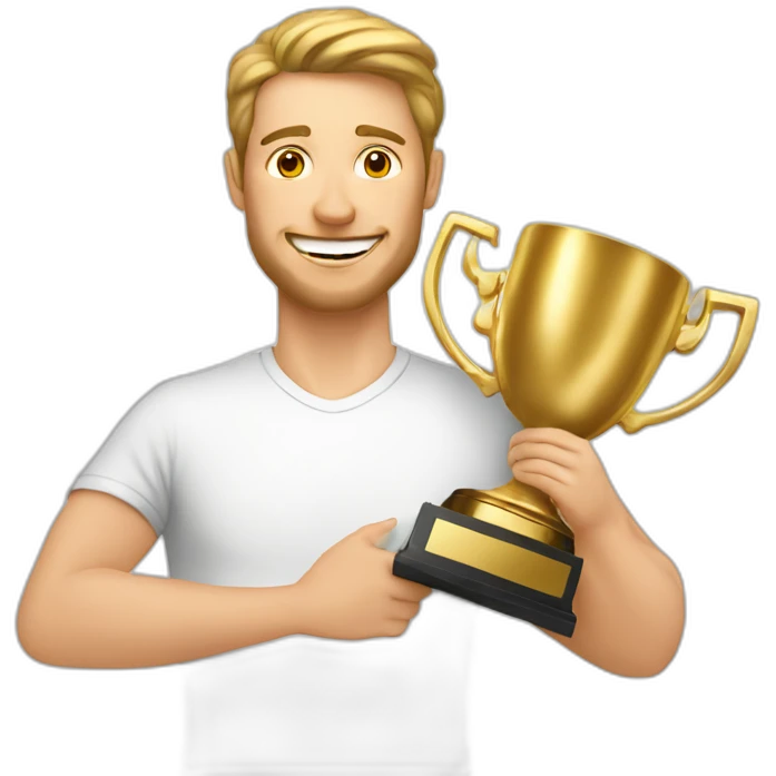 the white European man Celebrating, Raising a gold trophy in your hands emoji