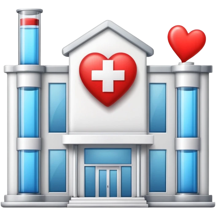Modern clinic building red cross test tubes heart icon emoji