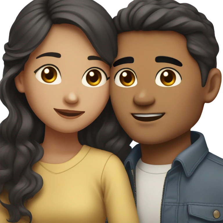 A pale half Asian man with short dark hair and amber eyes embracing and loving a half Asian woman with long wavy dark hair and dark hazel eyes. They love each other a lot And have good fashion taste and are hugging each other tight  emoji