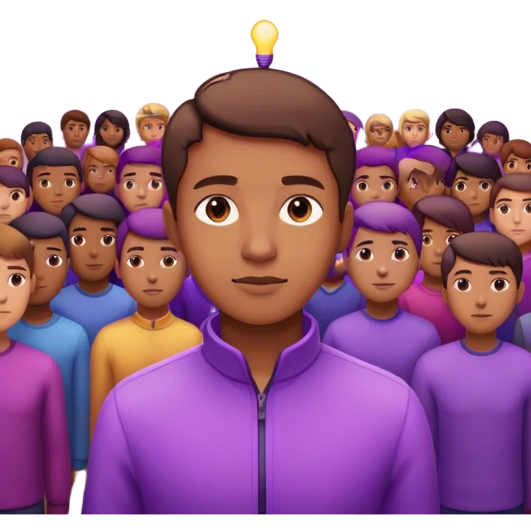 A person standing confidently in the center of a room, radiating a violet warm bright glow, he is calm with a lot of people around emoji