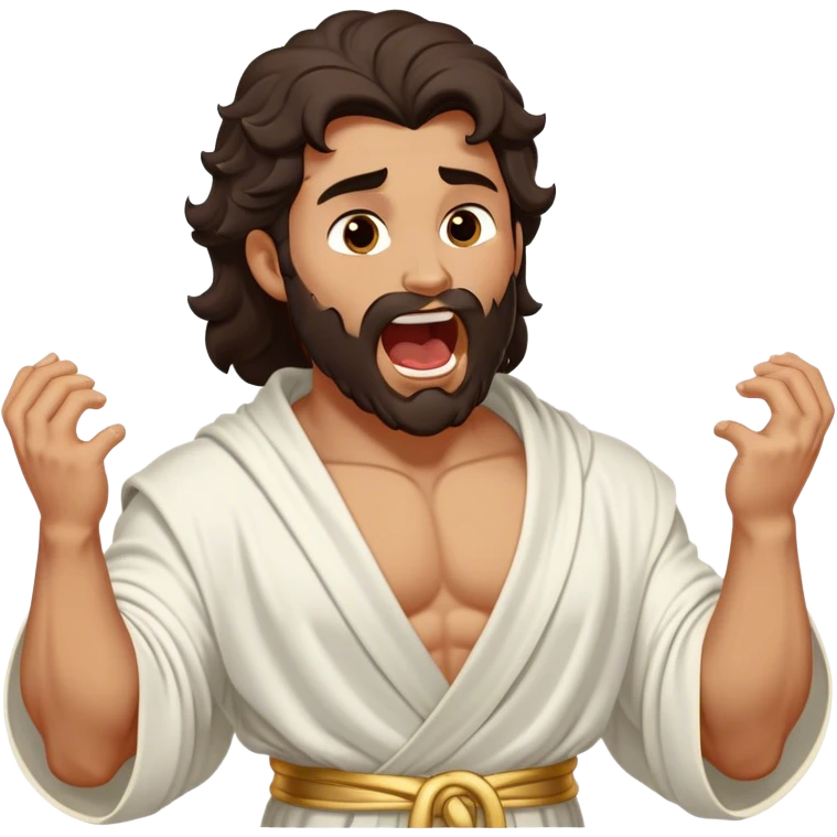 Cinematic Realistic Hercules Portrait, head tilted slightly with a dramatic, wide-open yawn, revealing a moment of relaxed, unguarded strength. His bronze, sculptural skin and thick, wavy dark hair retain their classical beauty even in repose. Draped in a gracefully flowing white robe with subtle golden details, the portrait is bathed in soft natural lighting, capturing a tender glimpse of vulnerability from a timeless Greek hero. emoji