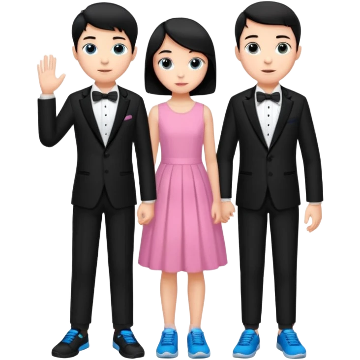 generate a pretty bratz fair skinned boy with short black hair wearing a black tux with blue sneakers .with a girl in a pink dress emoji