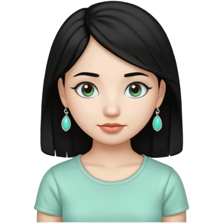 A girl emoji wearing silver jhumka and light mint green colour tshirt with dark black hair emoji