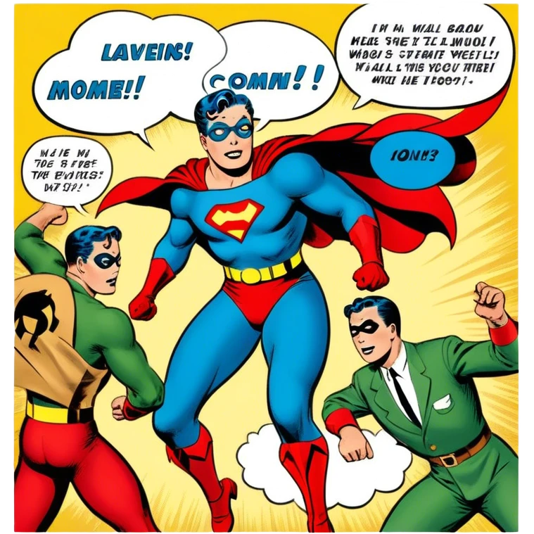 Icon for Vintage American Comics: an open comic book with classic 1940s-1950s American comic art, featuring superheroes in bold, bright colors, with action panels and exaggerated speech bubbles. The icon should represent the nostalgic style of vintage comics. Transparent background. emoji