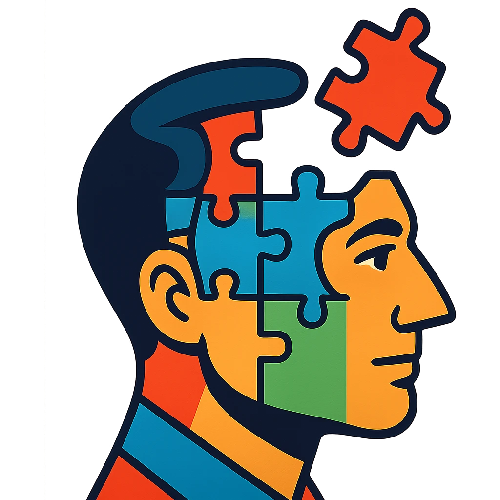 A man's head as a mosaic puzzle, with pieces fitting into his head emoji