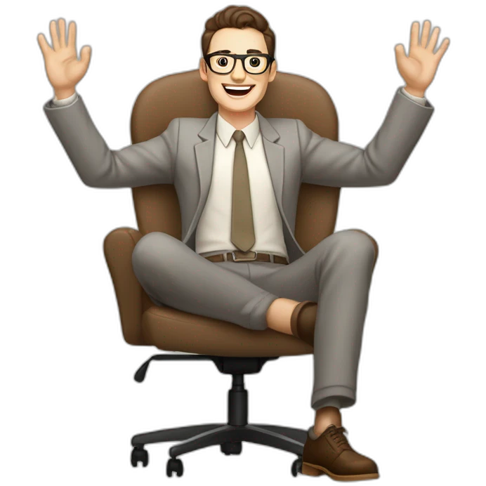 Joyful Celebrating victory Hands up Pale skinned Fit Man With dark brown hair in gray jacket, beige office shirt, Brown pants and vintage glasses sitting In a soft chair emoji